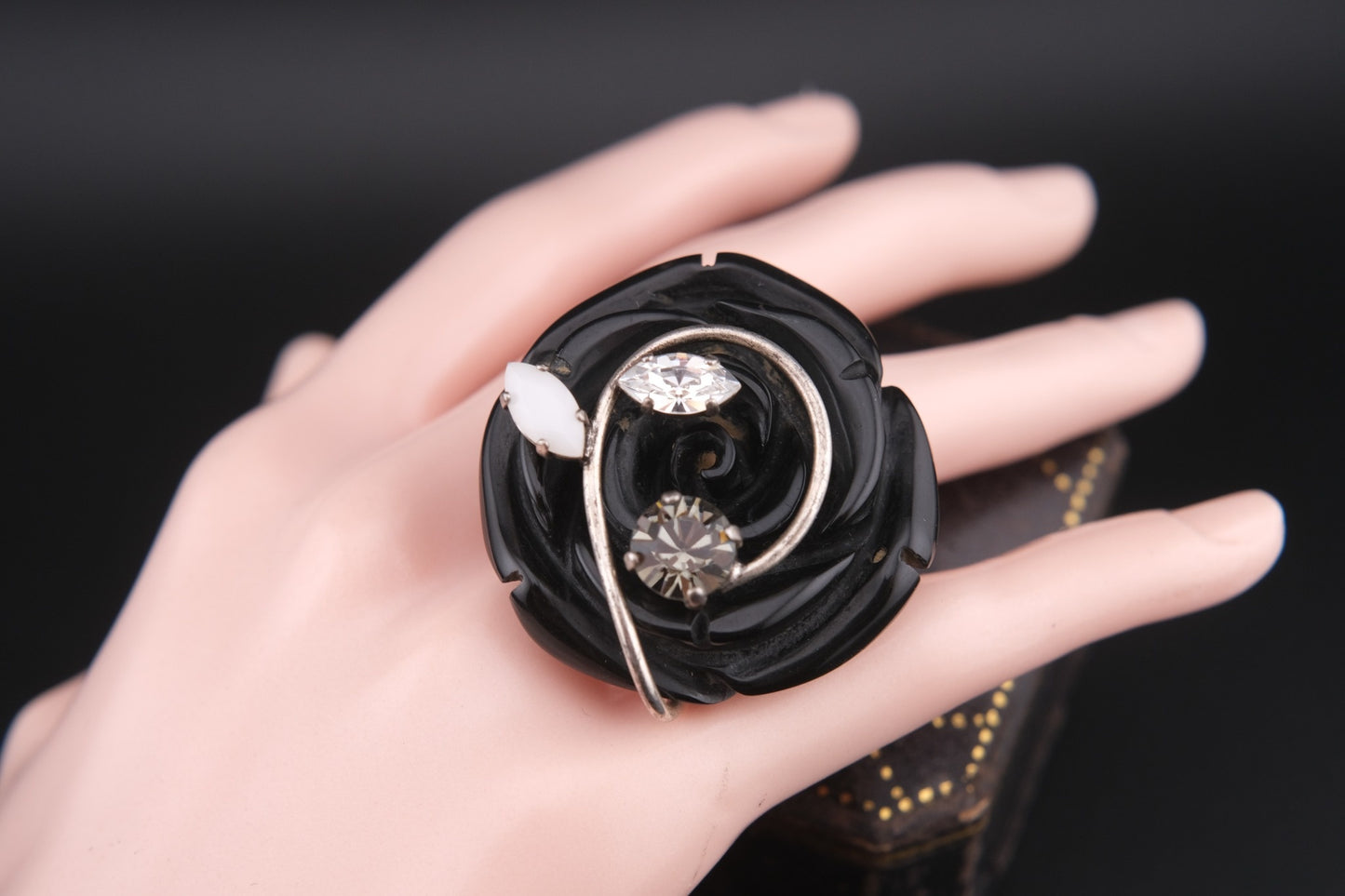 Vintage Philippe Ferrandis Paris Black Resin Rose Statement Ring with Crystals