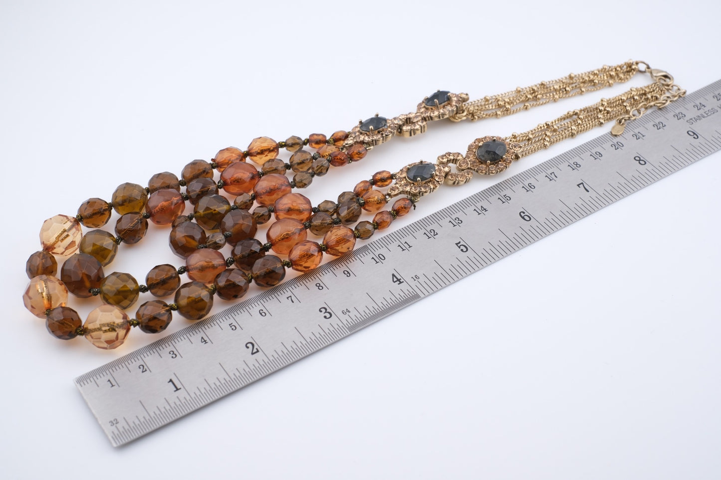 Vintage Monet Triple Strand Beaded Necklace – Faceted Amber & Smoky Brown with Rhinestone Accents